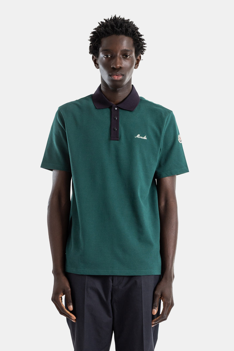 Polo coton piqué vert forêt col contrasté