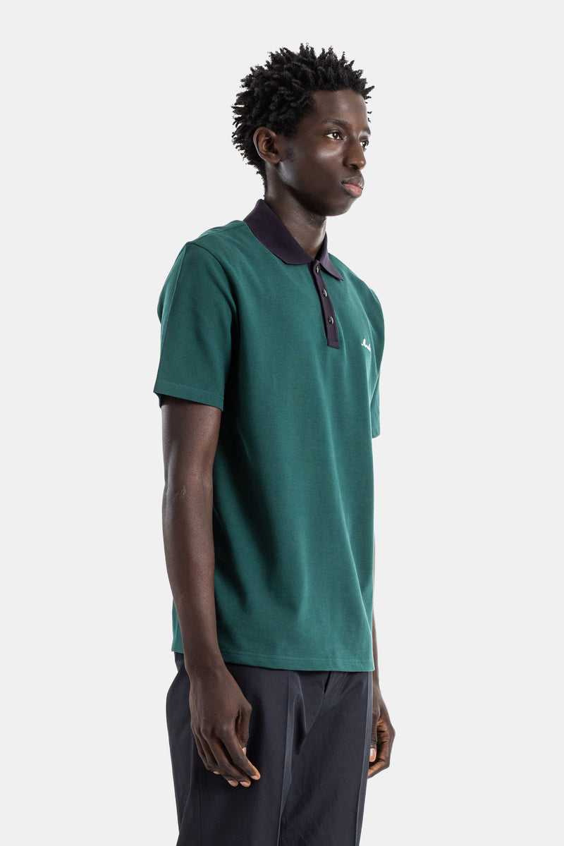 Cotton piquet polo forest green contrast navy collar script logo