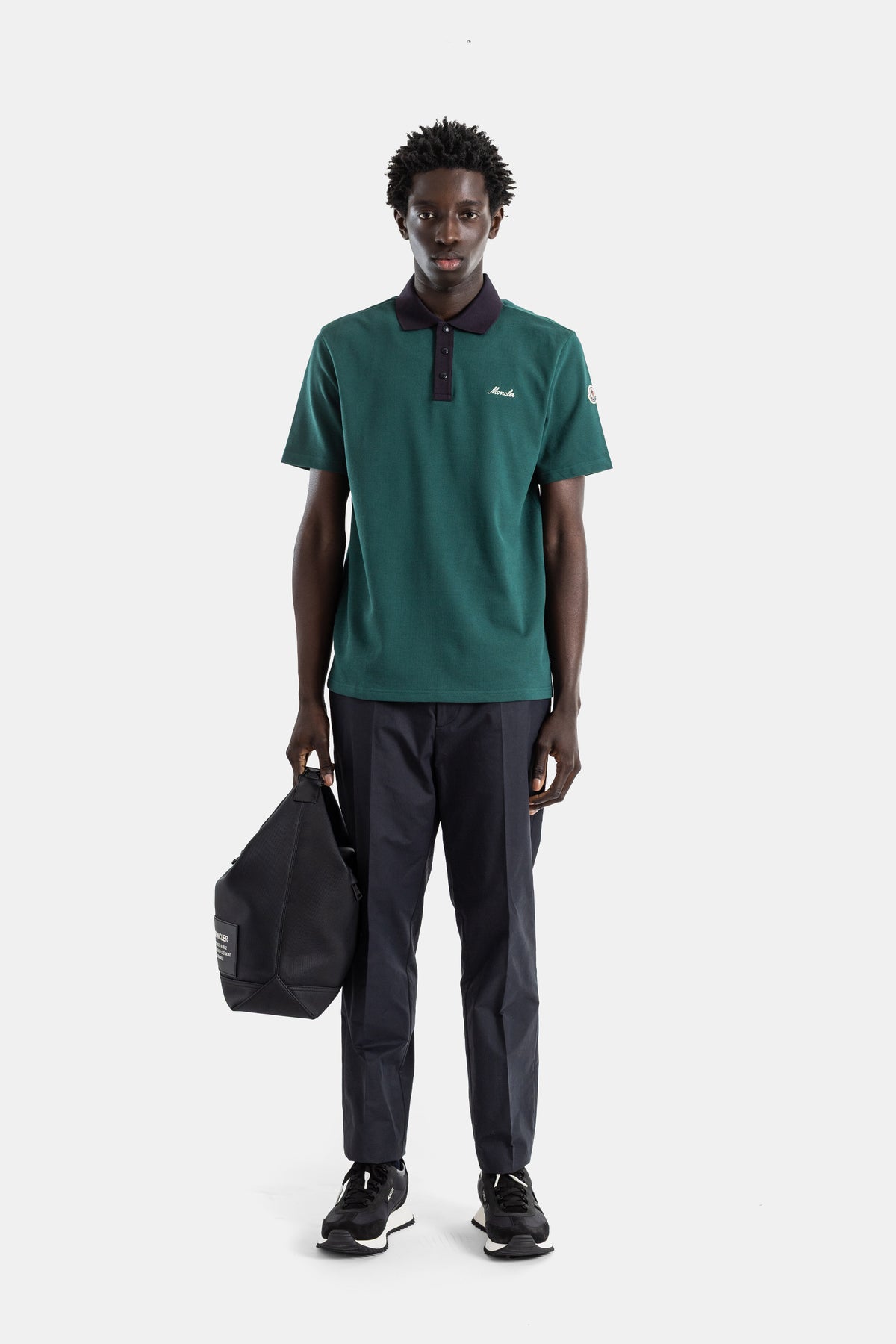 Cotton piquet polo forest green contrast navy collar script logo
