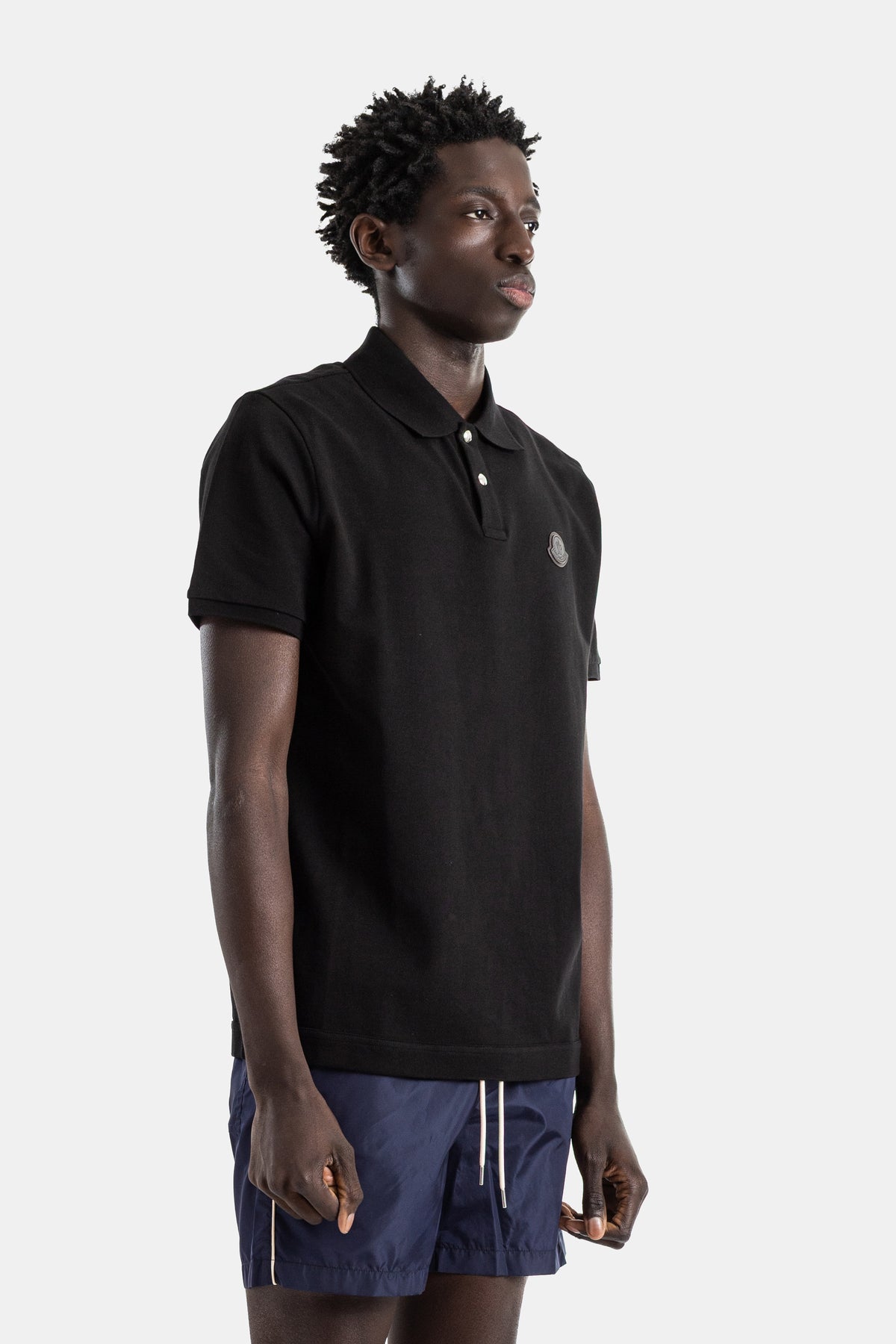 Cotton piquet polo black leather logo patch