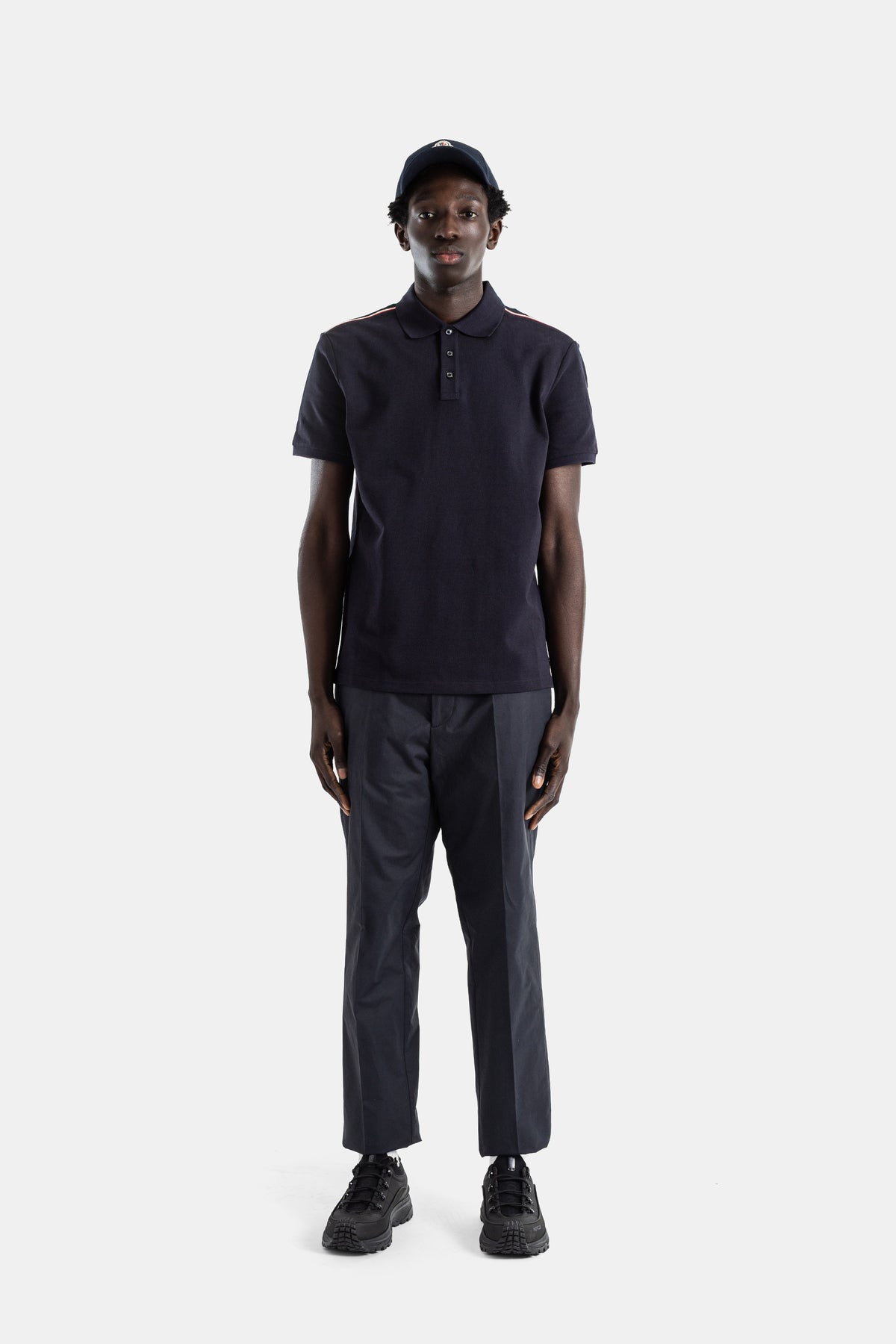 Cotton piquet polo navy tricolor shoulder stripe