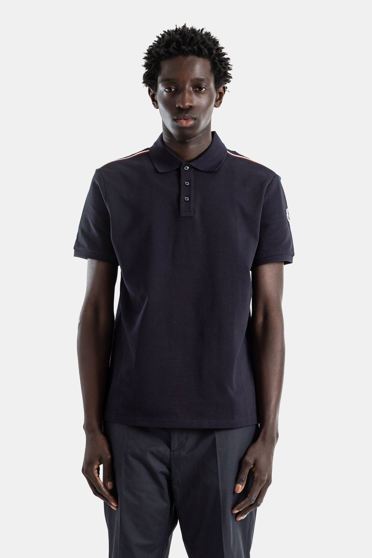 Cotton piquet polo navy tricolor shoulder stripe