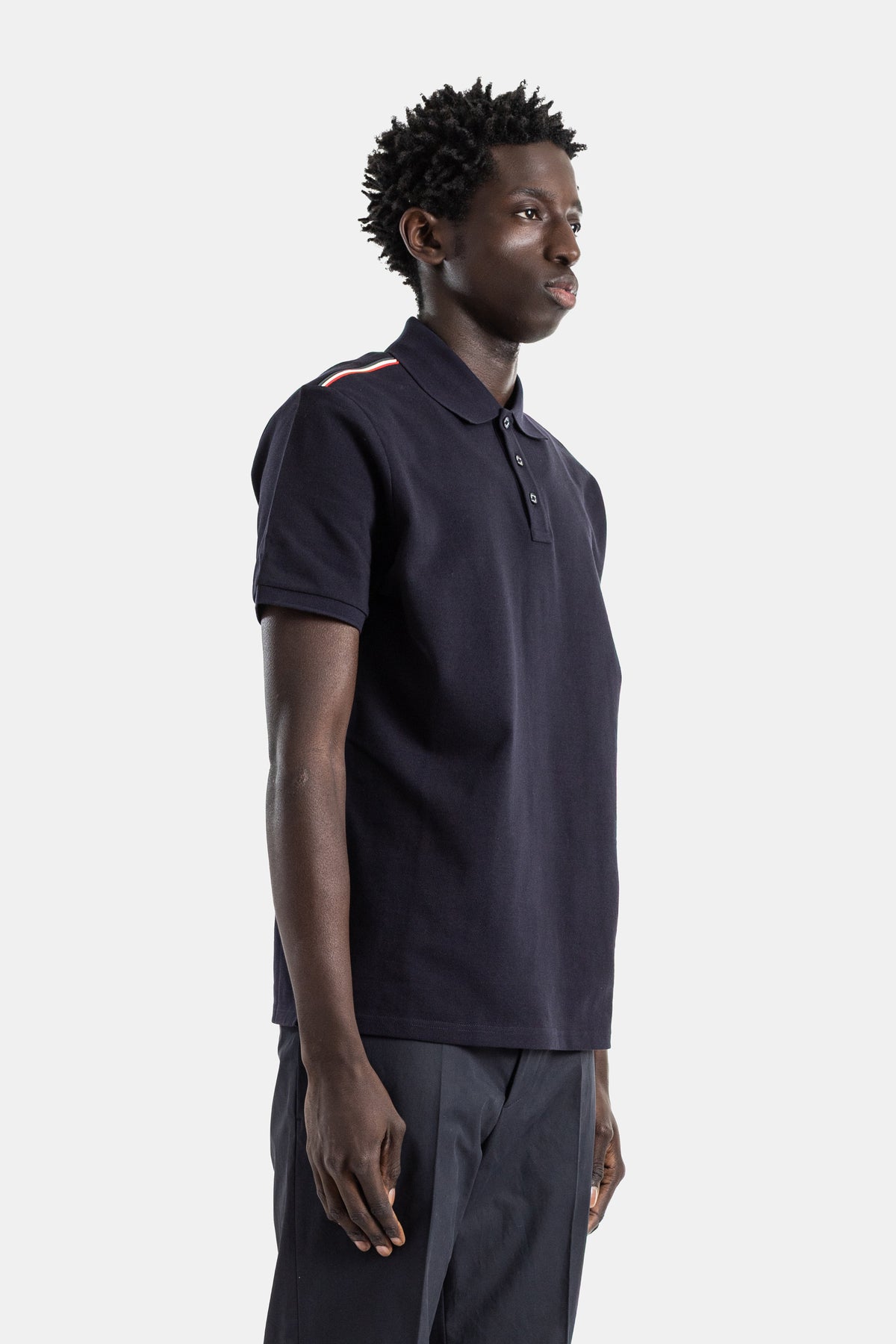 Cotton piquet polo navy tricolor shoulder stripe