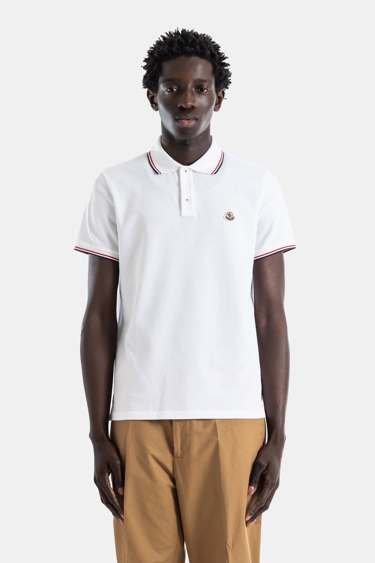 Cotton piquet polo optical white tricolor tipped collar and cuffs