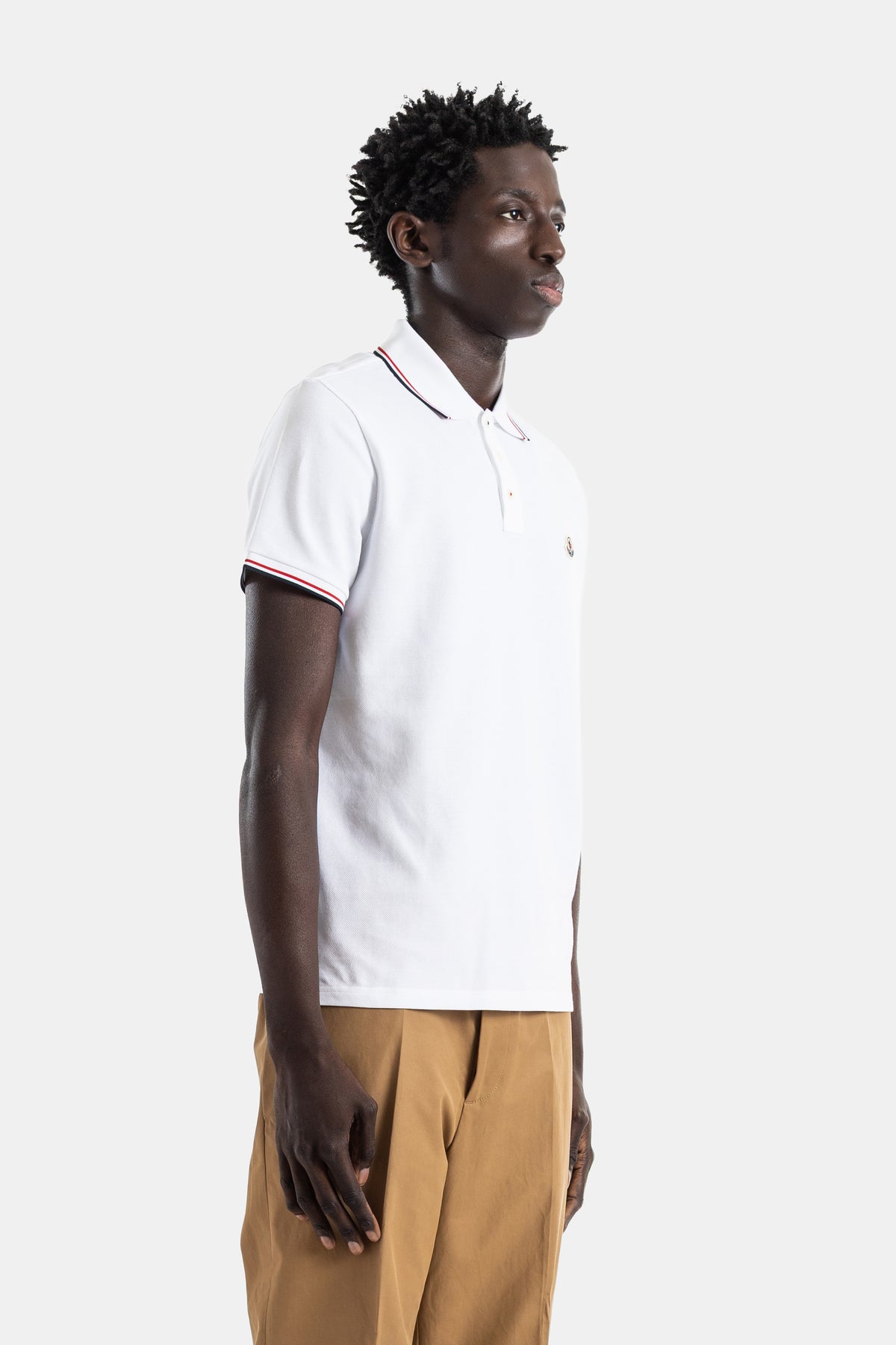 Cotton piquet polo optical white tricolor tipped collar and cuffs