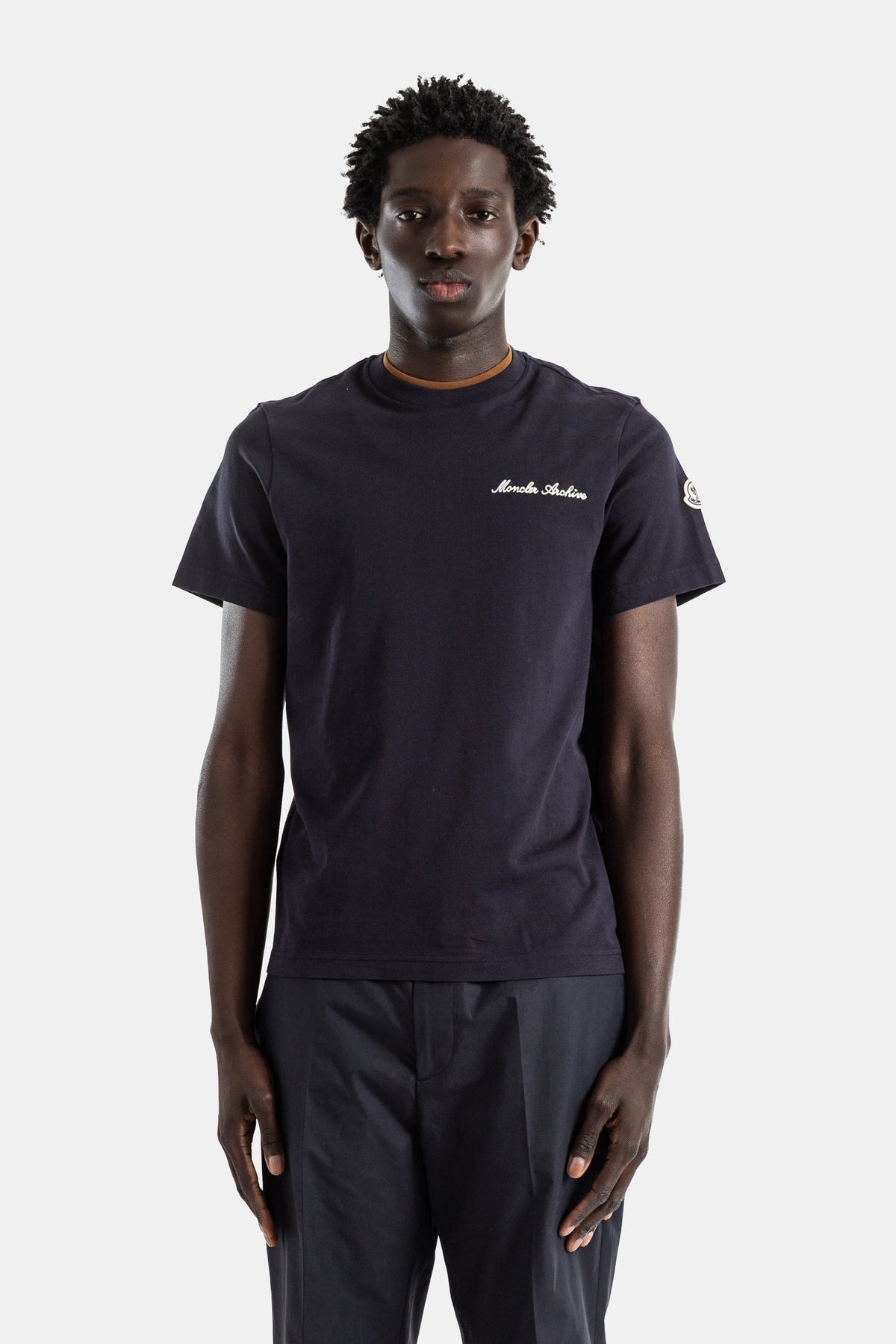 Moncler Archive navy cotton jersey crew neck t-shirt with white script embroidery and sleeve logo patch men's SS26