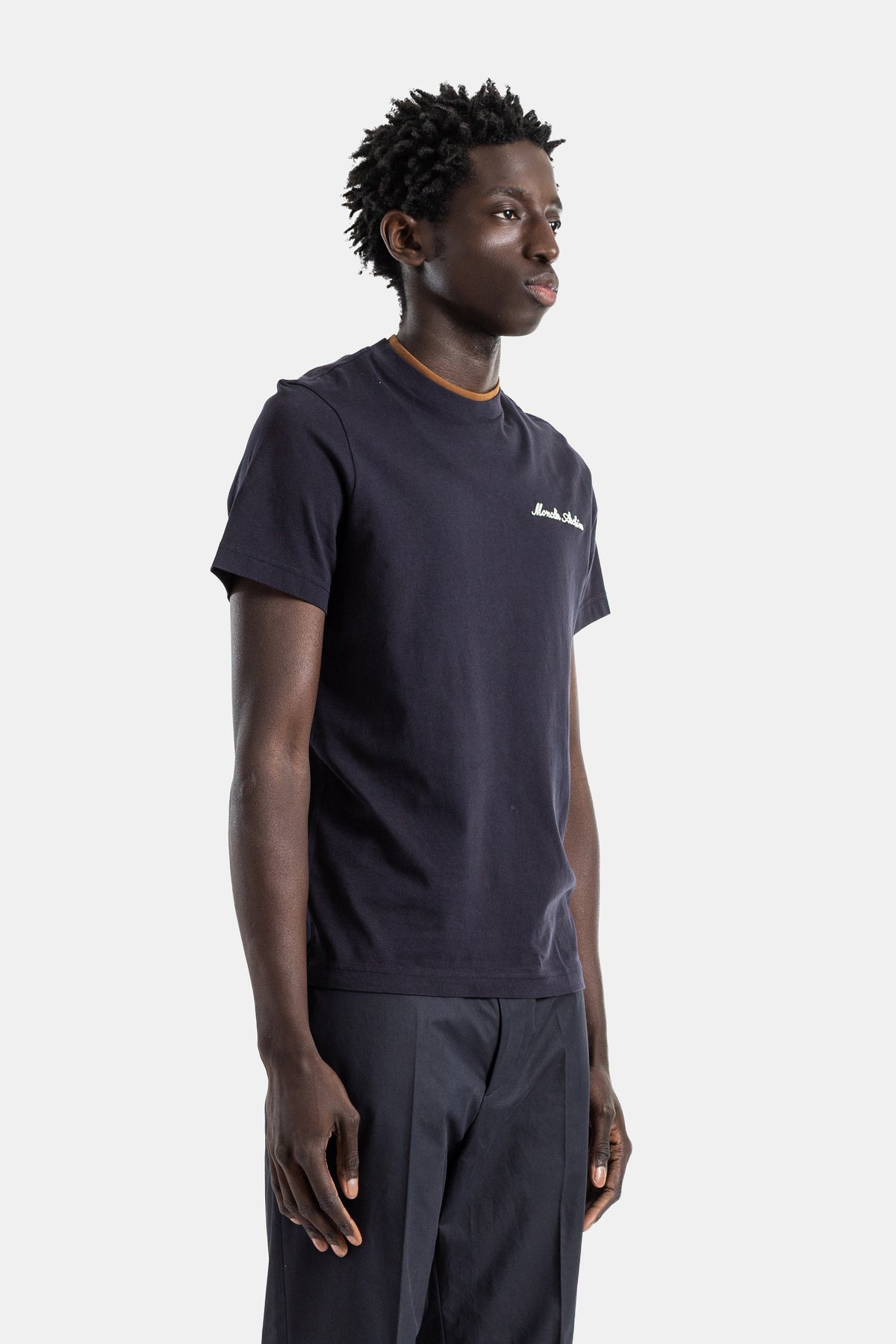 Navy Cotton Jersey T-Shirt with Moncler Archive Script Embroidery and Camel Collar