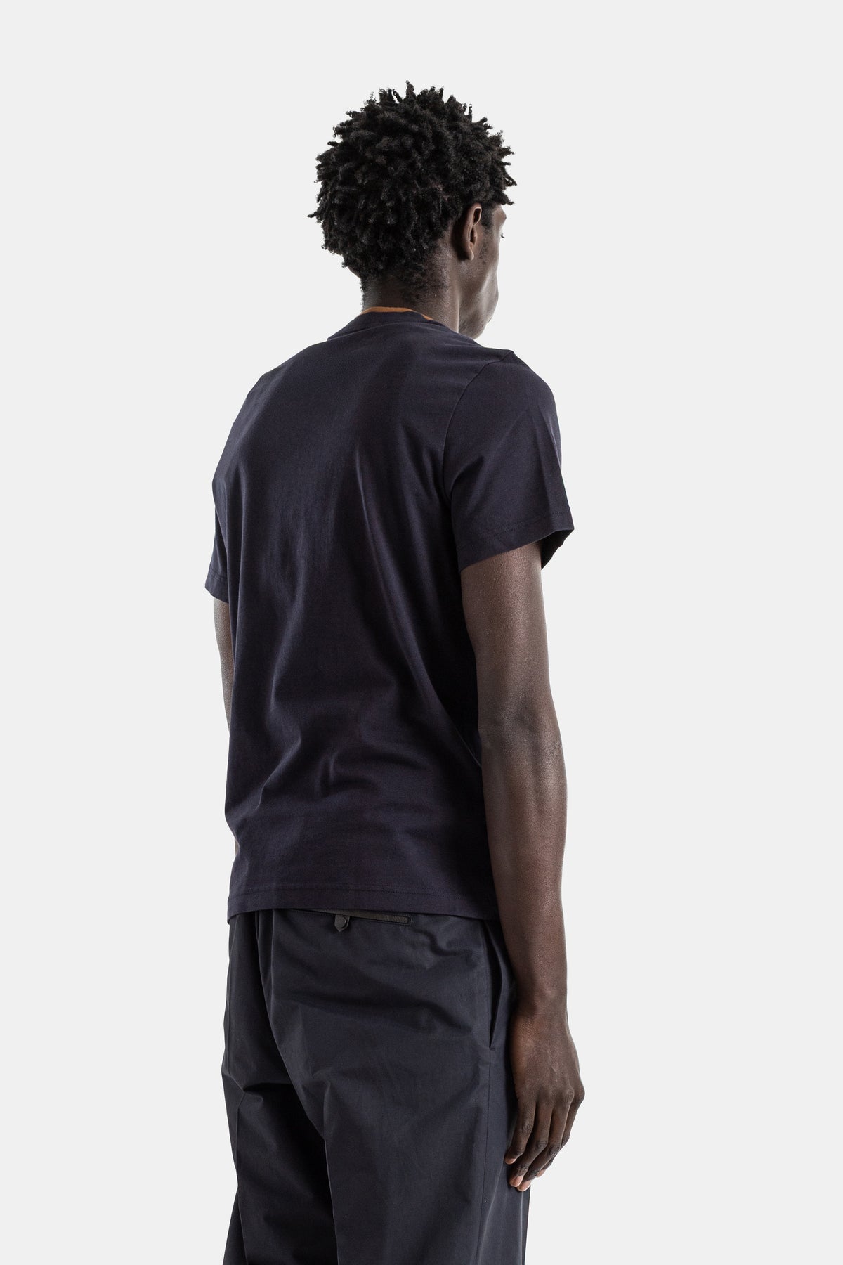 Navy Cotton Jersey T-Shirt with Moncler Archive Script Embroidery and Camel Collar
