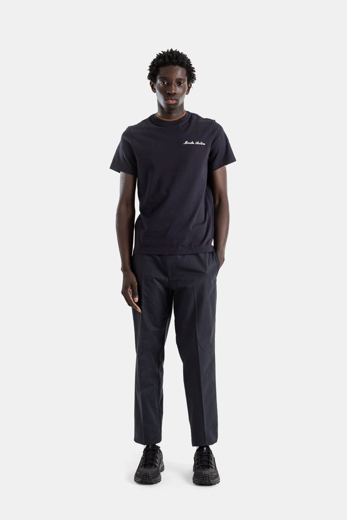 Navy Cotton Jersey T-Shirt with Moncler Archive Script Embroidery and Camel Collar