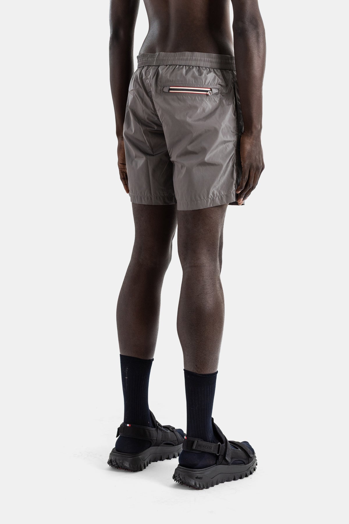 Swim shorts nylon grey felt logo patch zipped pocket