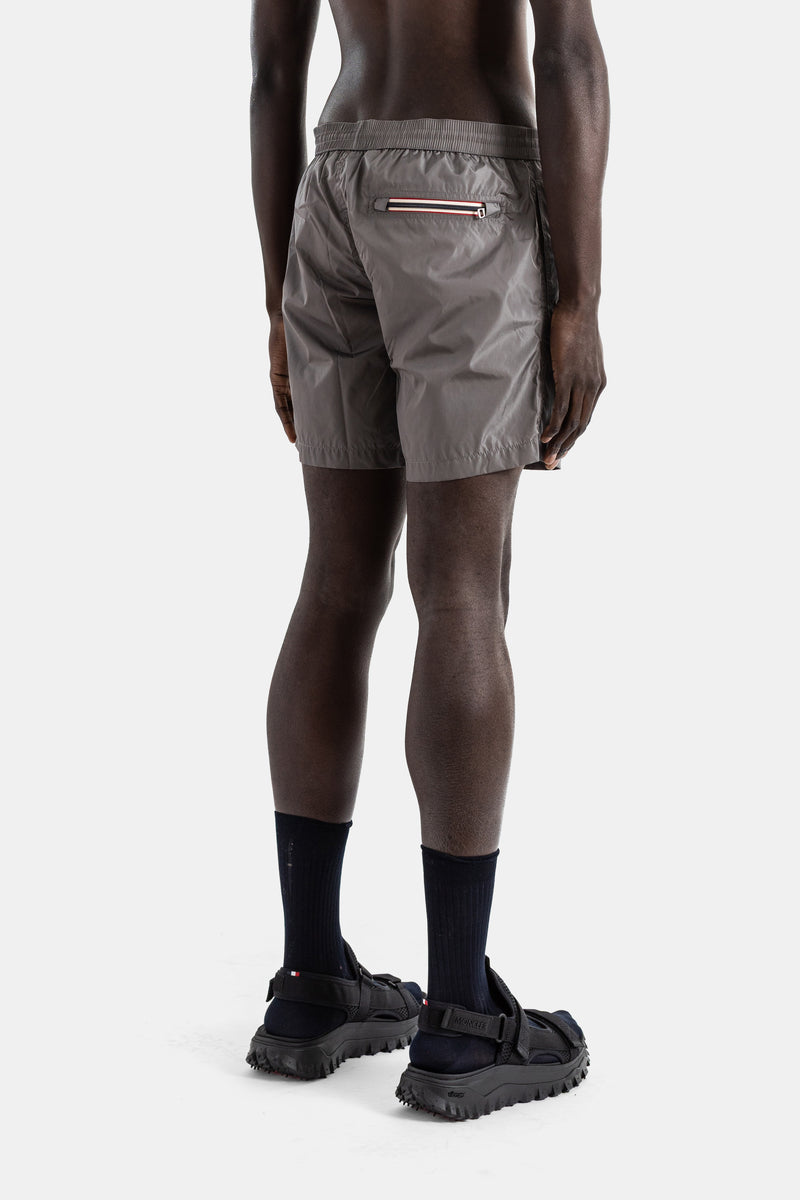 Swim shorts nylon grey felt logo patch zipped pocket