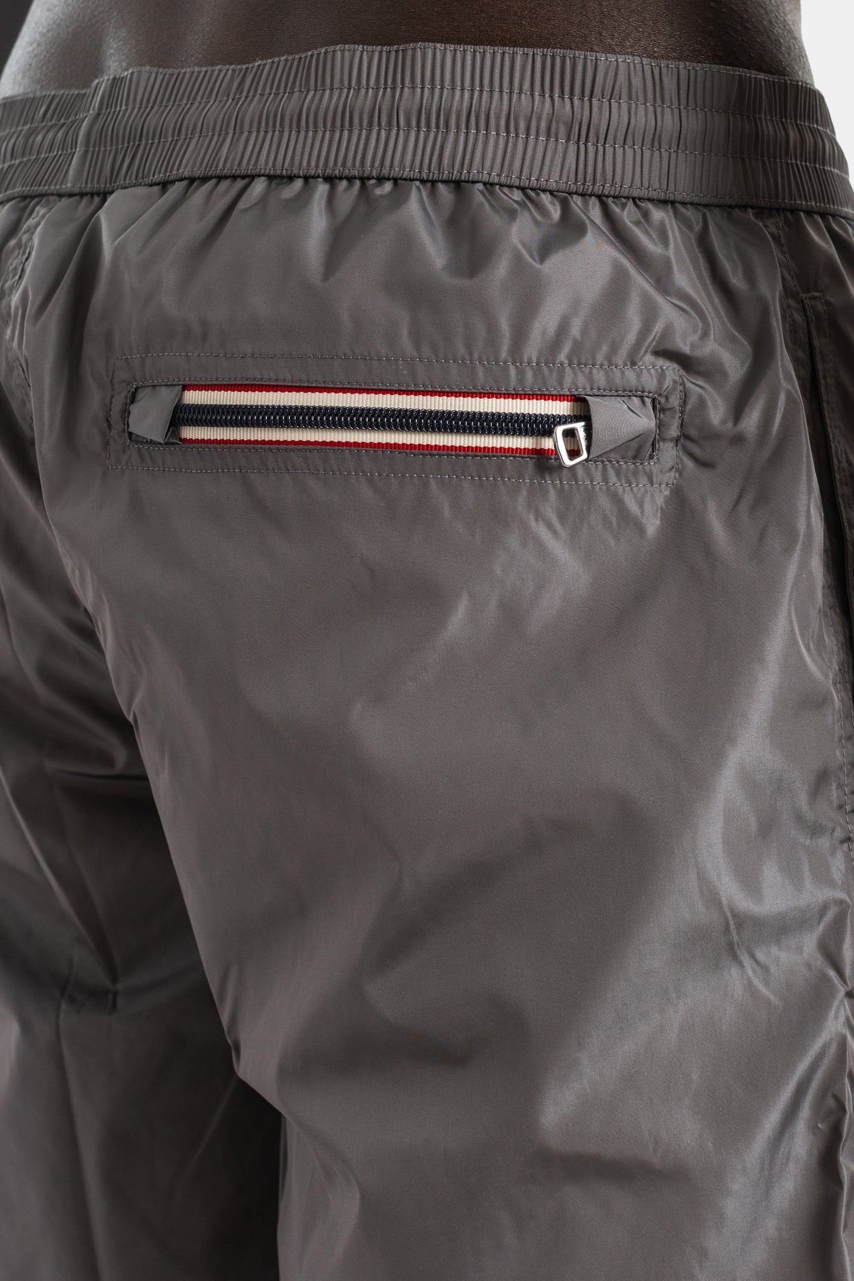 Swim shorts nylon grey felt logo patch zipped pocket