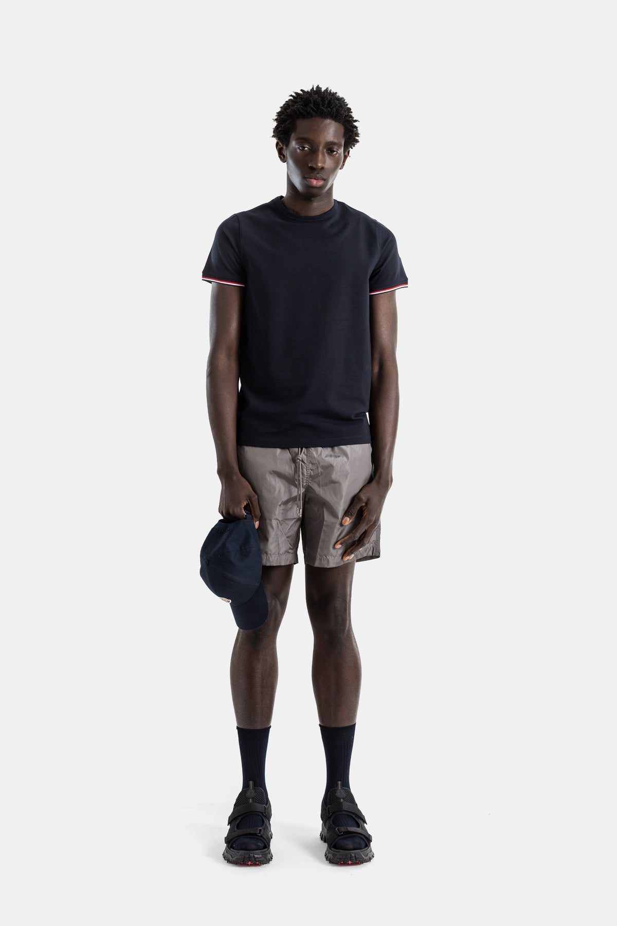 Cotton jersey t-shirt navy slim fit tricolor sleeve trim