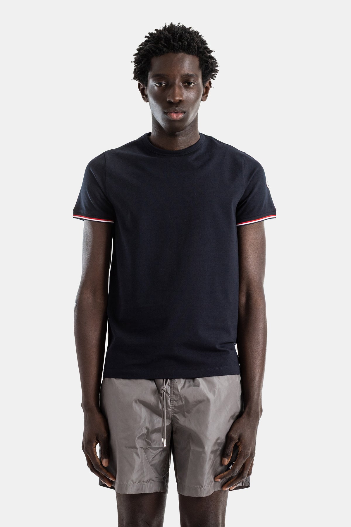 Cotton jersey t-shirt navy slim fit tricolor sleeve trim