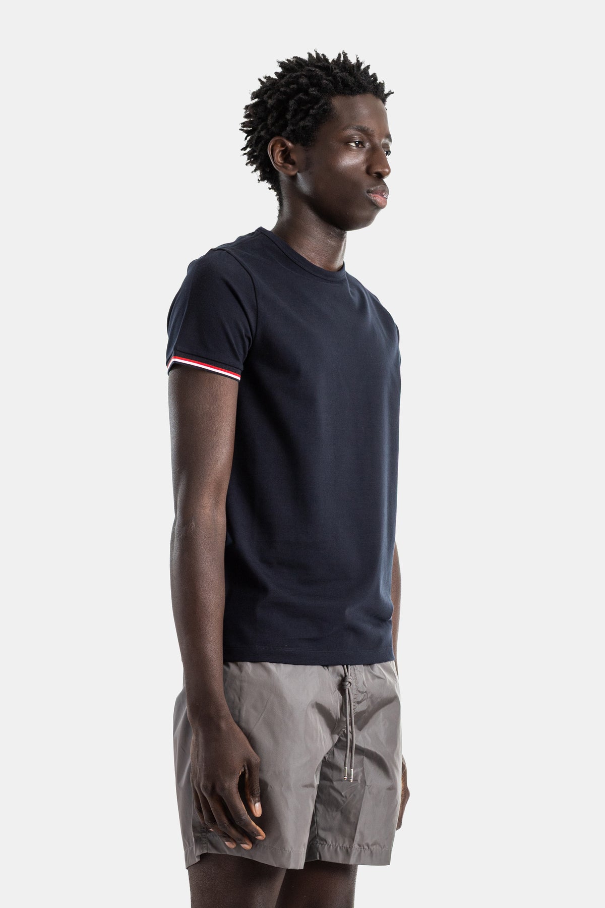 Cotton jersey t-shirt navy slim fit tricolor sleeve trim