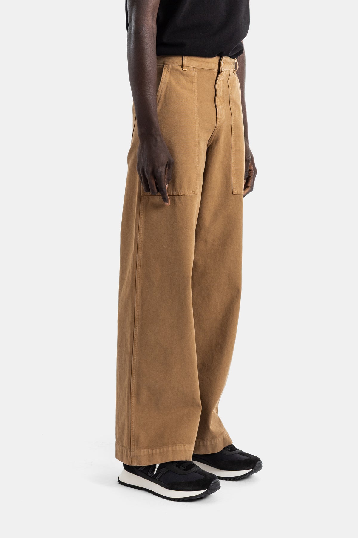 Cotton trouser camel wide leg patch pockets leather logo patch