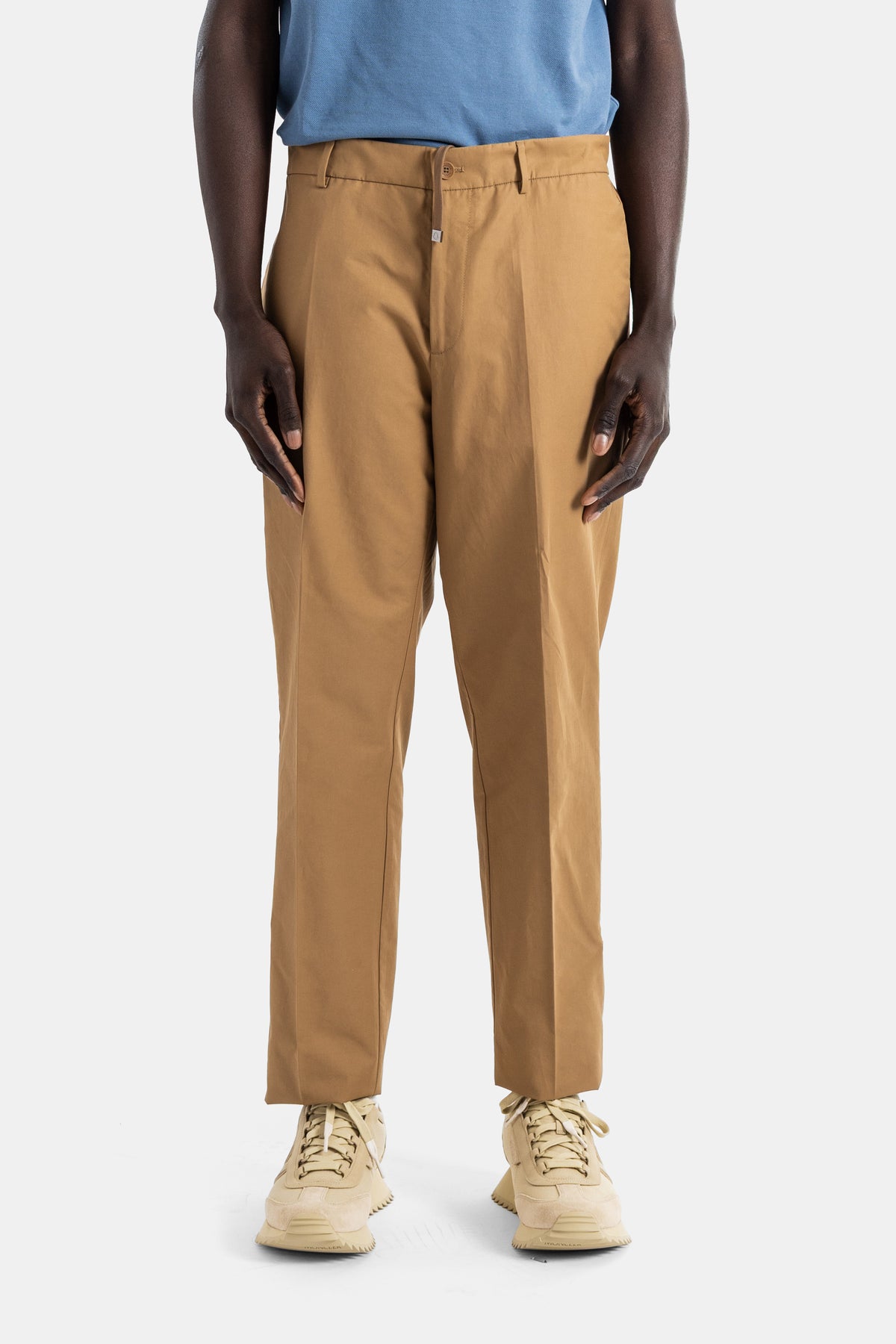 Cotton chino camel tapered cut metal label
