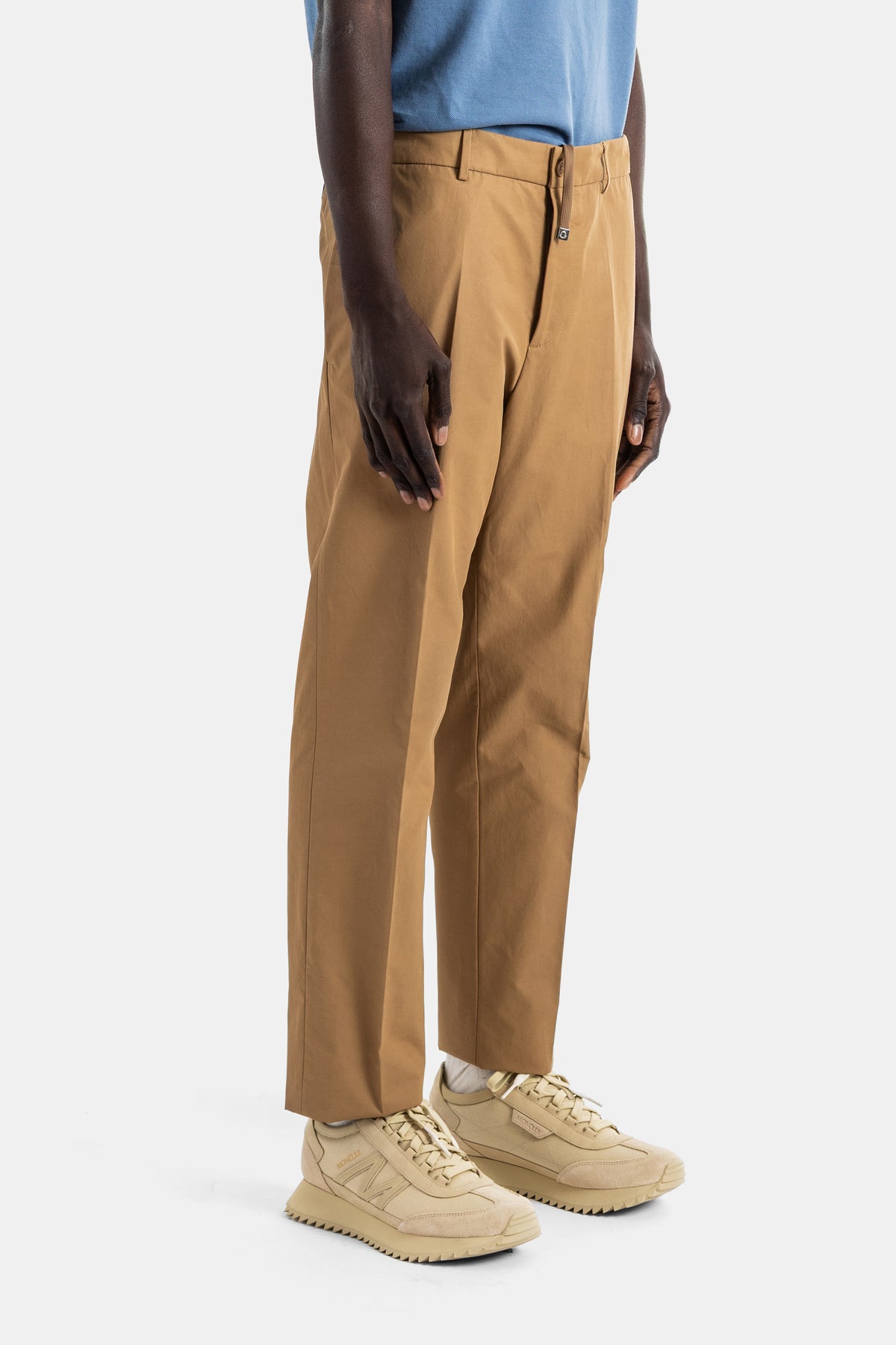 Cotton chino camel tapered cut metal label