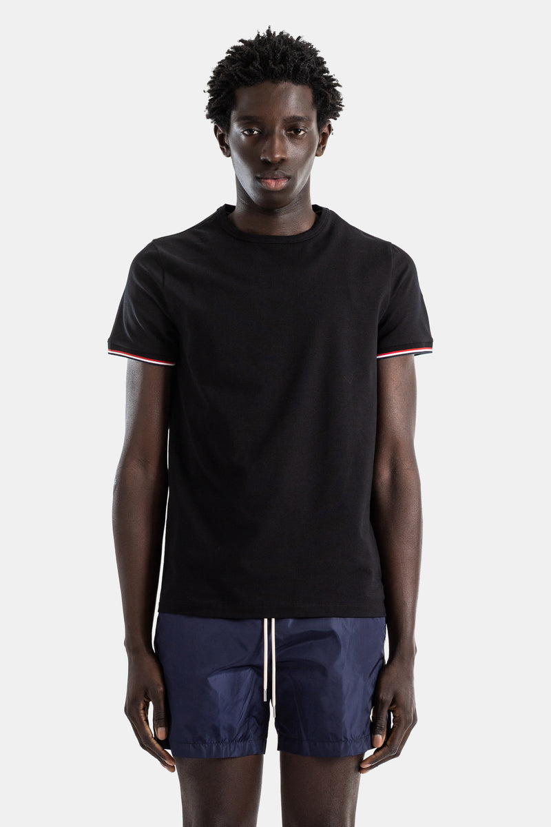 Cotton jersey t-shirt black slim fit tricolor sleeve trim
