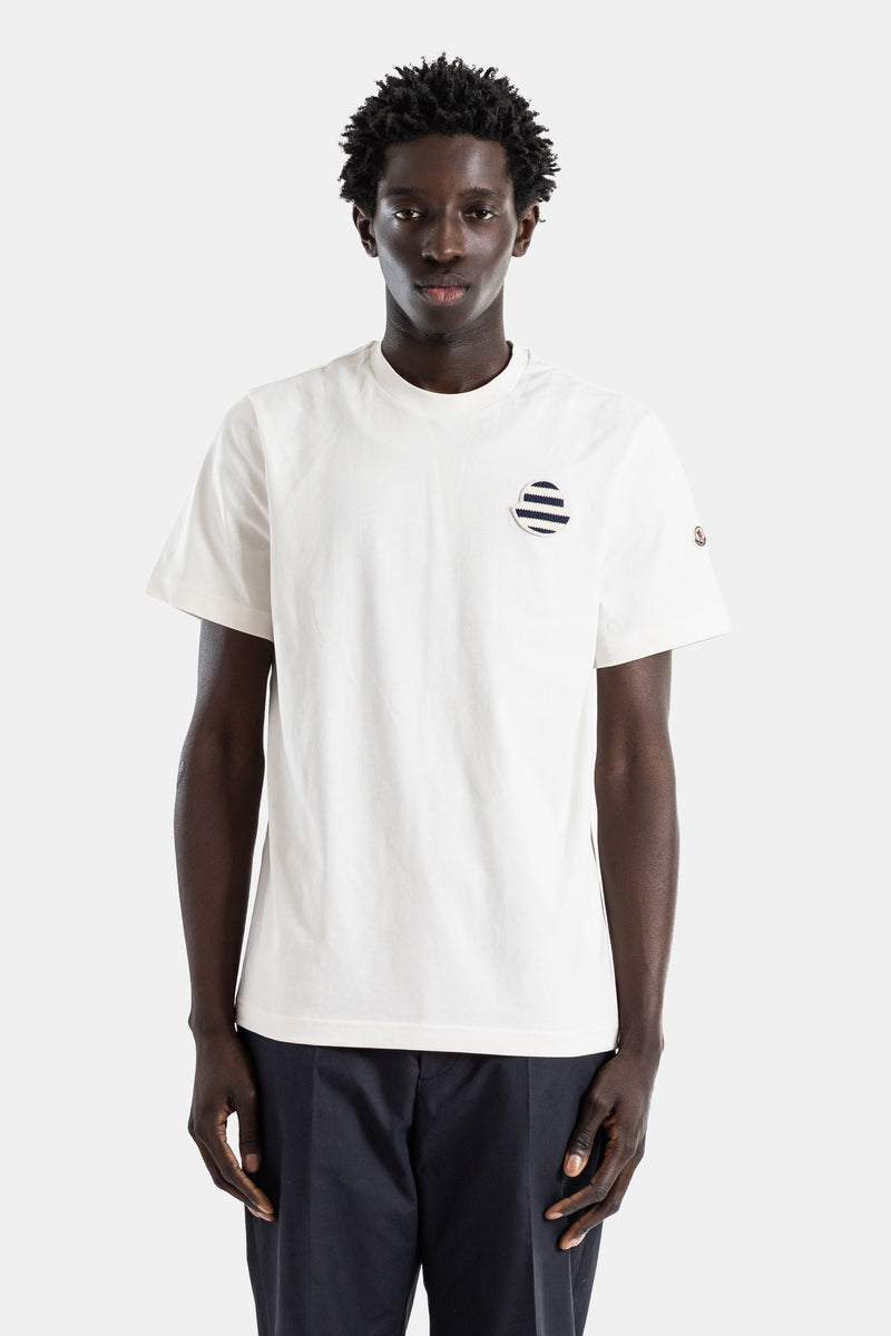 Cotton jersey t-shirt ivory white navy striped nautical round patch
