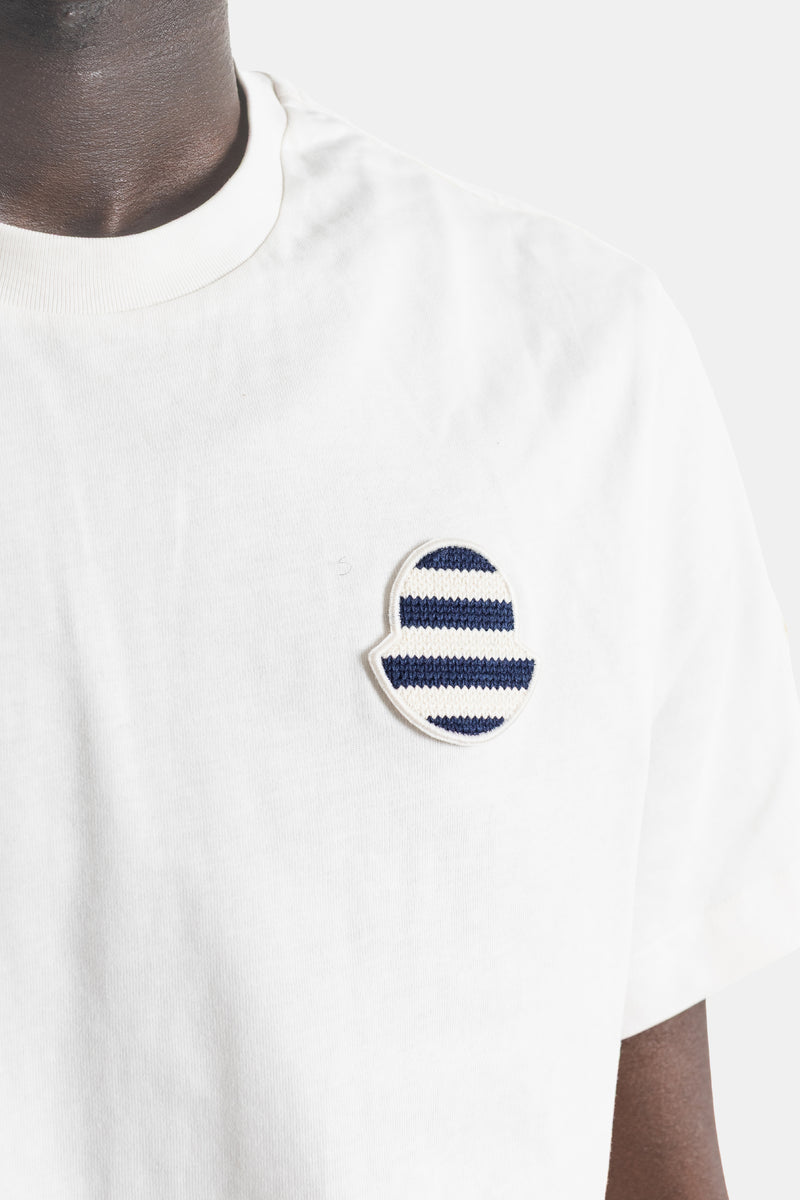 Cotton jersey t-shirt ivory white navy striped nautical round patch
