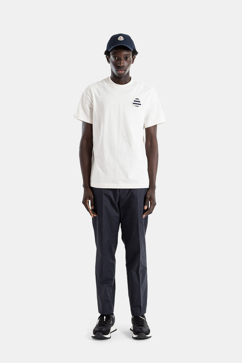 Cotton jersey t-shirt ivory white navy striped nautical round patch