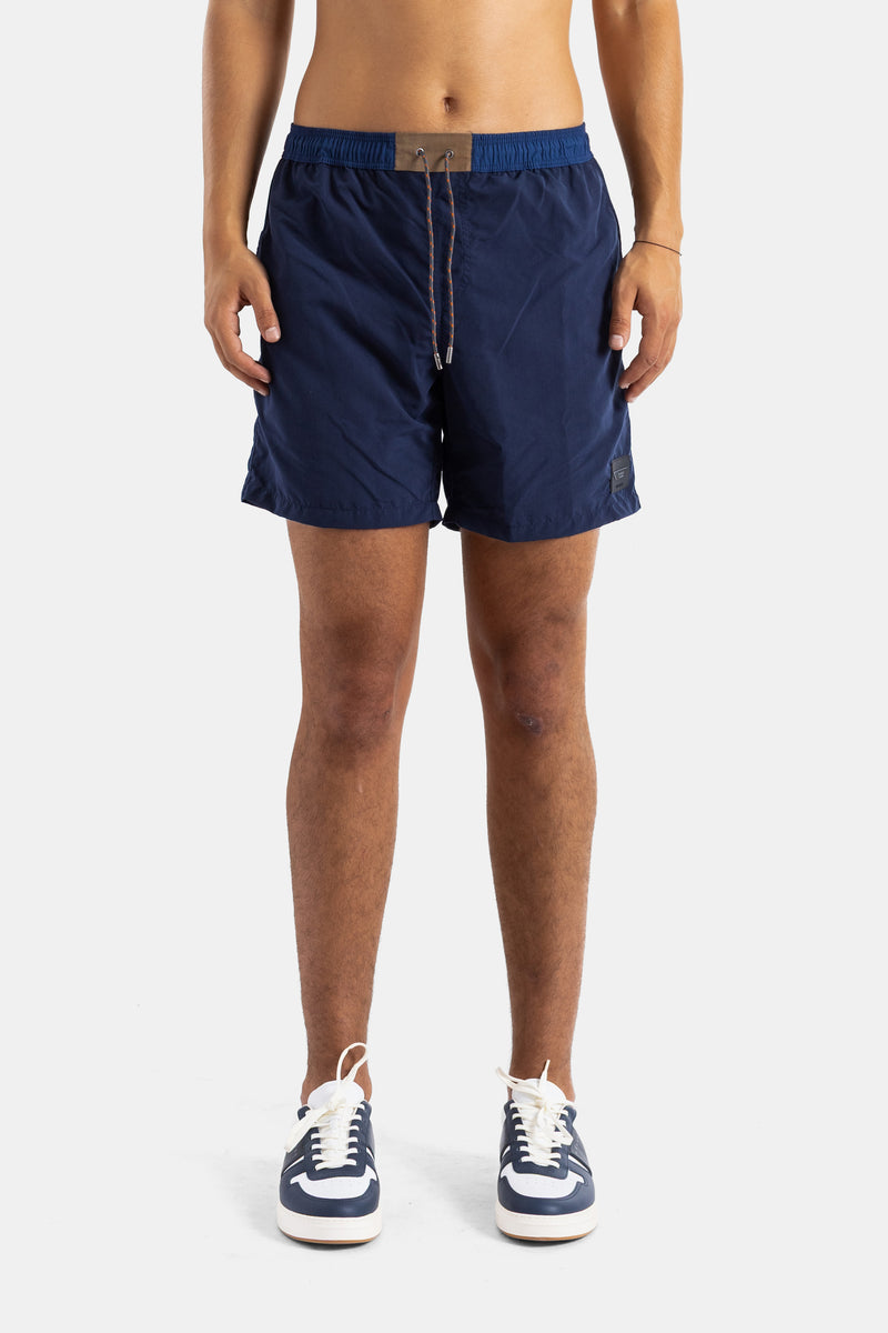 Sease short de bain homme nylon bleu marine coupe mid-length taille élastiquée ceinture bicolore SS26
