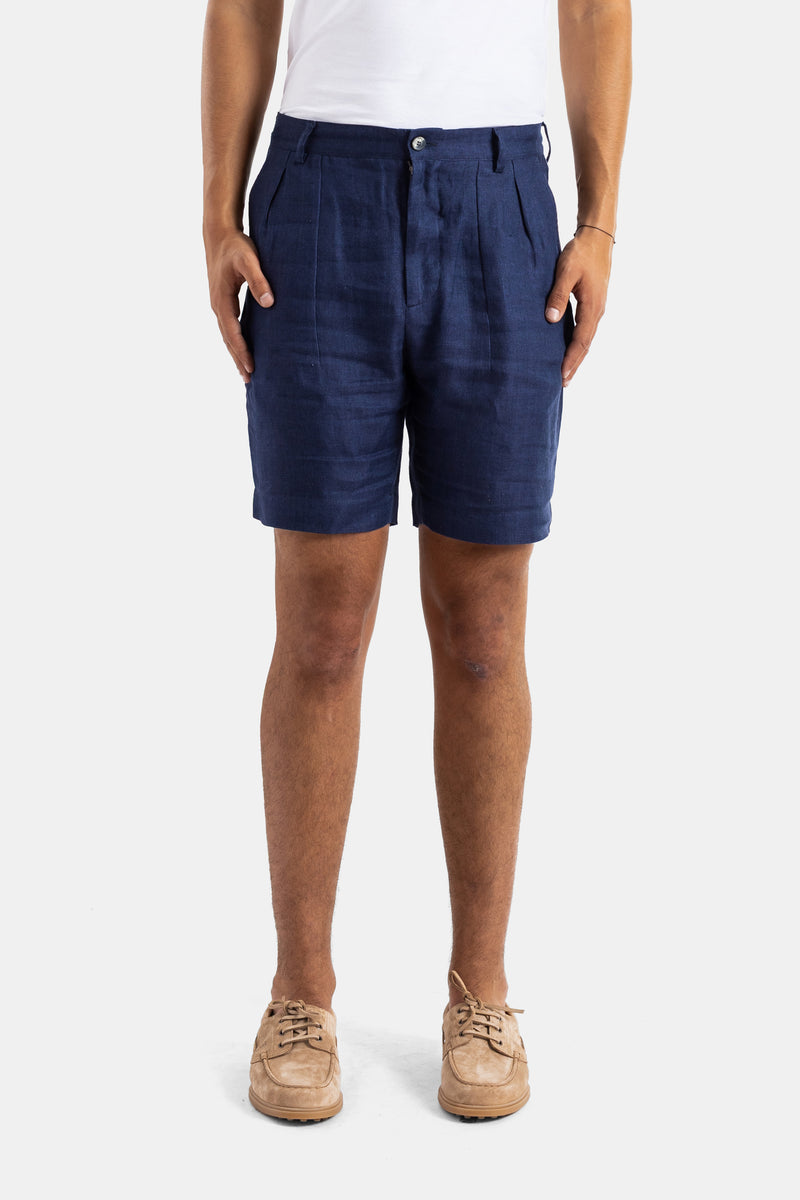 Sease short à pinces en lin bleu marine coupe droite légèrement ample tissu texturé SS26 homme