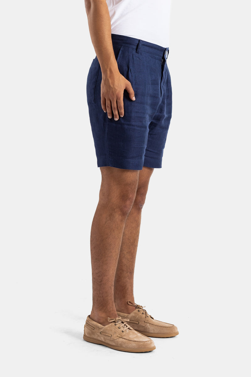 Navy blue linen and cotton shorts with pleat