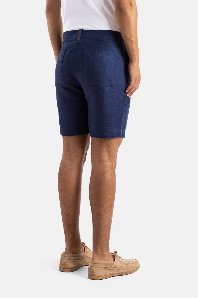 Navy blue linen and cotton shorts with pleat