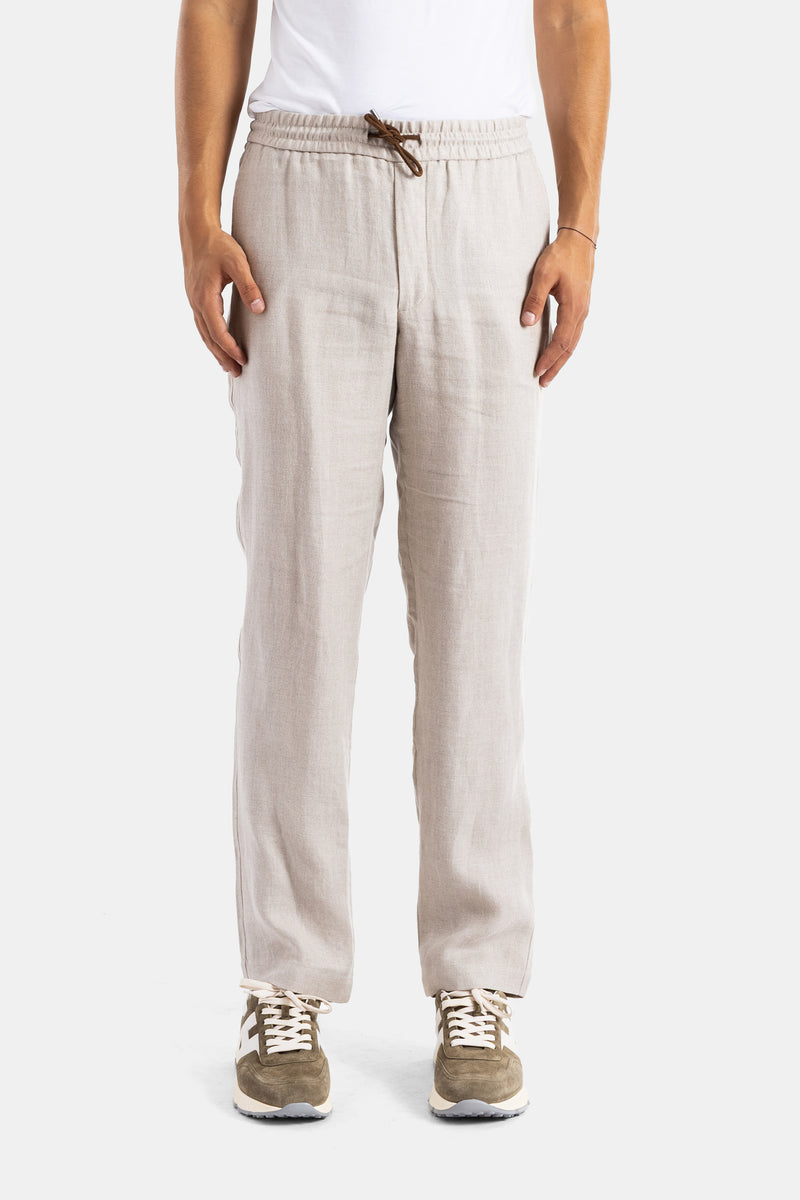 Sease pantalon lin coton beige sable coupe droite taille élastiquée cordon cuir homme SS26