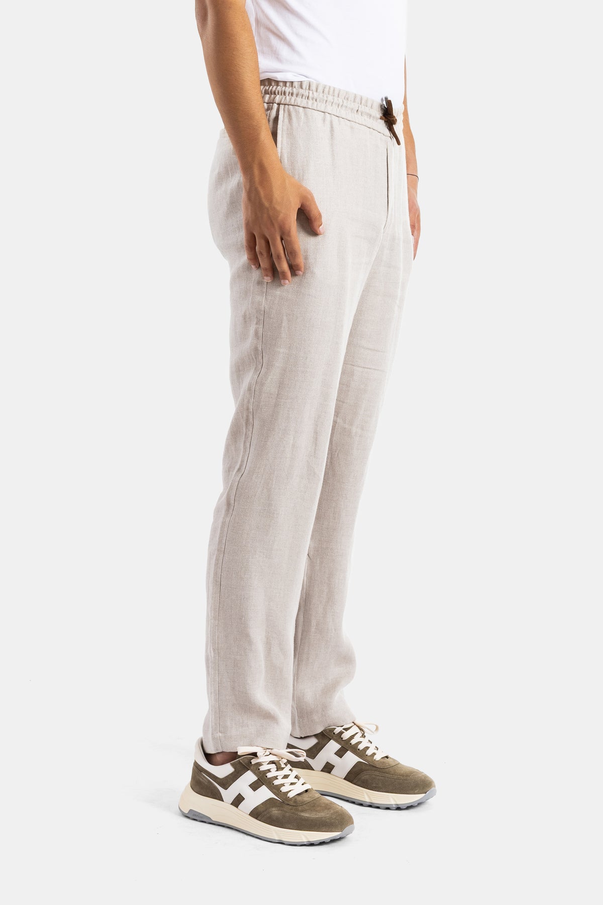 Zandbeige linnen-katoenen broek
