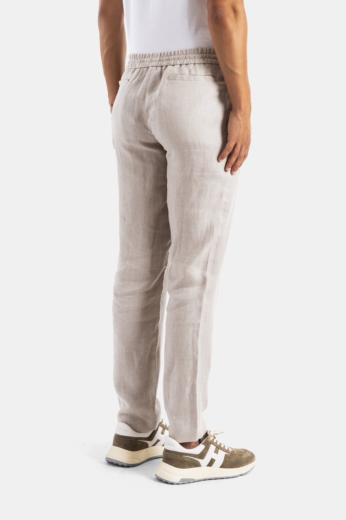 Zandbeige linnen-katoenen broek