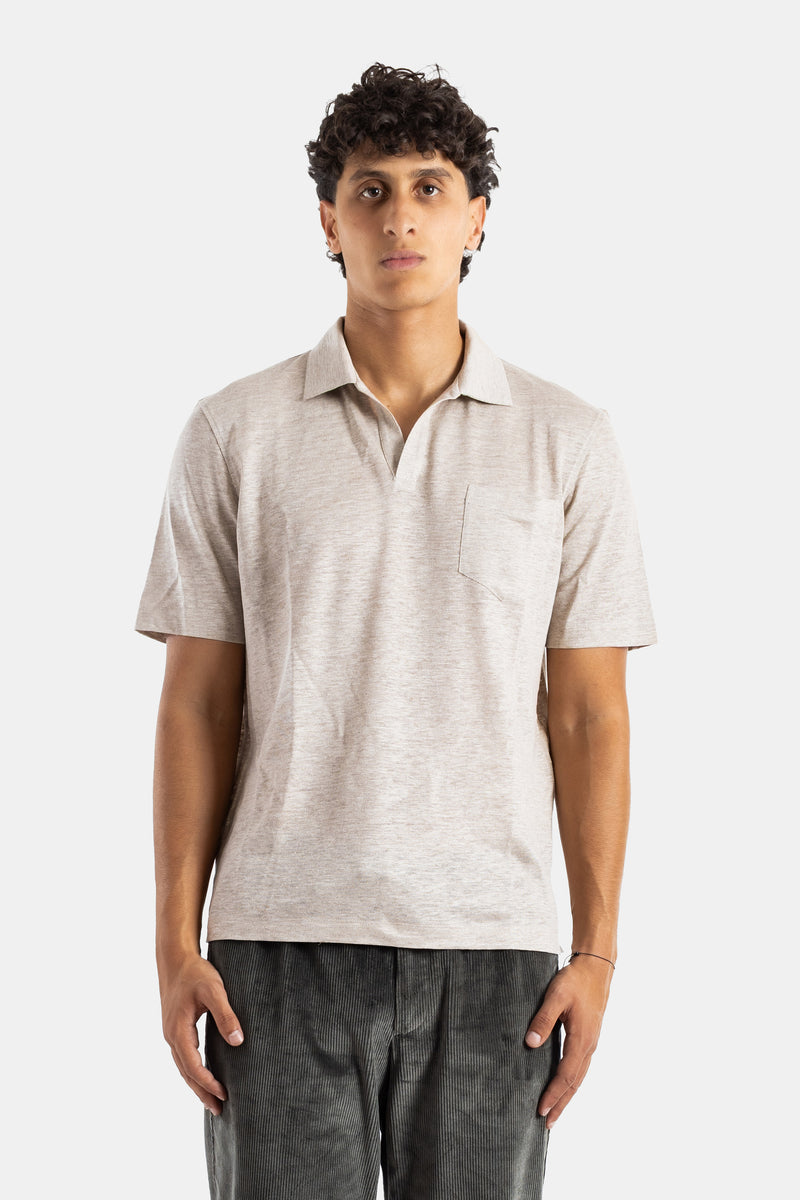 Sease mélange beige linen open collar relaxed fit chest pocket men's polo SS26