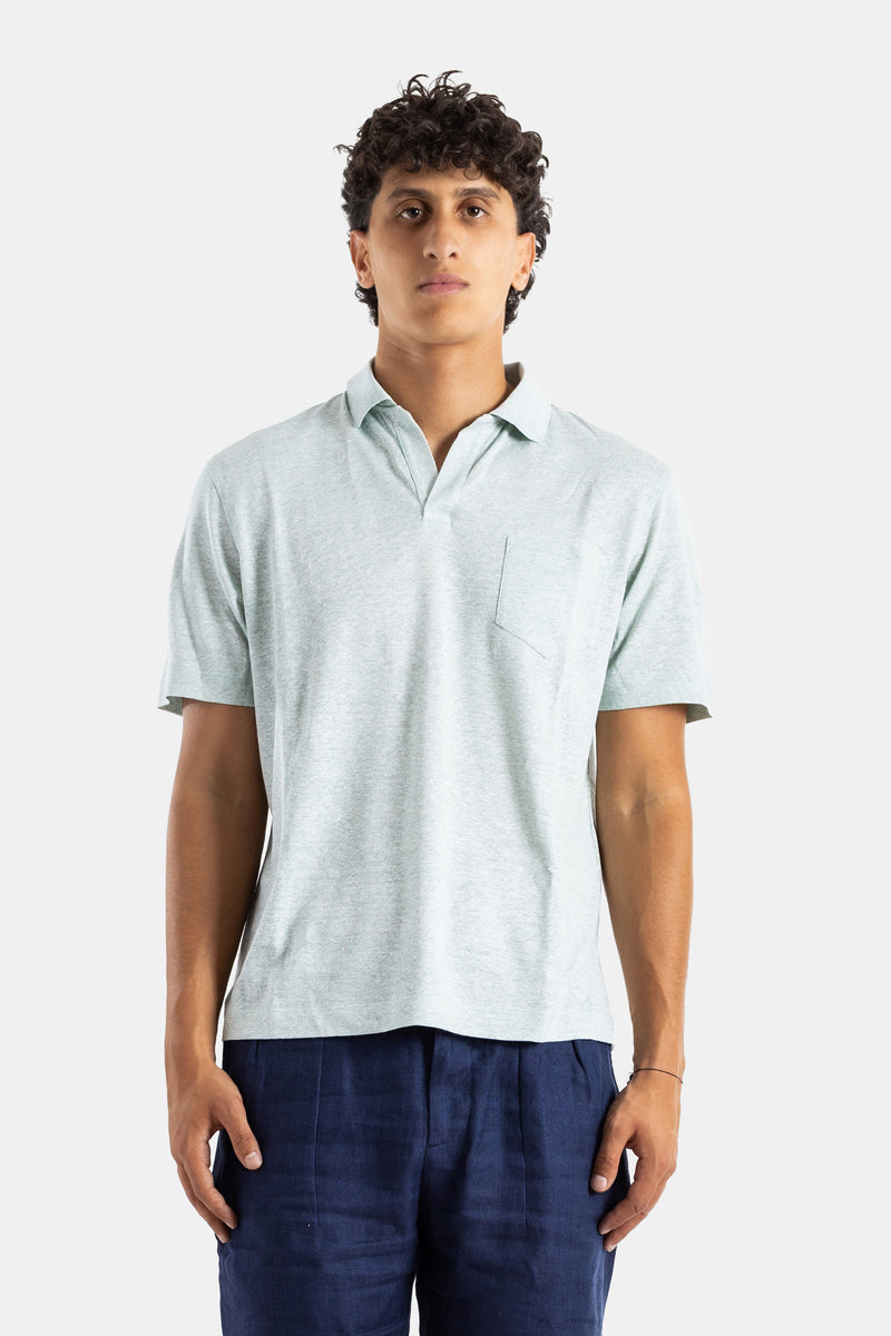 Sease men's mélange sage green linen polo open collar chest pocket relaxed fit short sleeves SS26