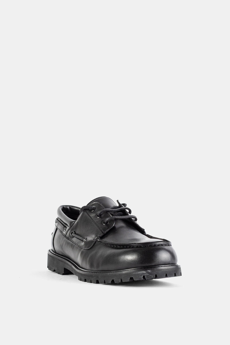 Guston Smooth Calfskin Boat Shoe Black Vibram Sole