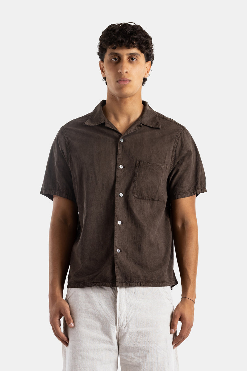 Taiga Takahashi short-sleeved mud-dyed brown silk shirt boxy fit cuban collar chest pocket SS26
