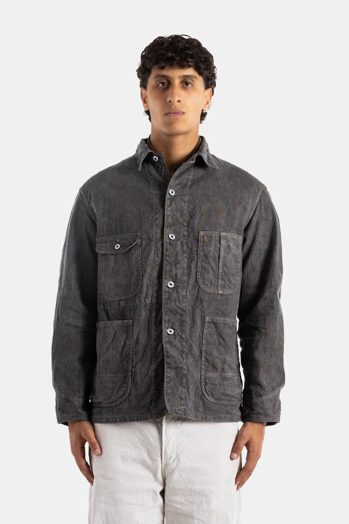 Taiga Takahashi veste de travail lin coton teinte encre noire sumi coupe ample poches cargo SS26