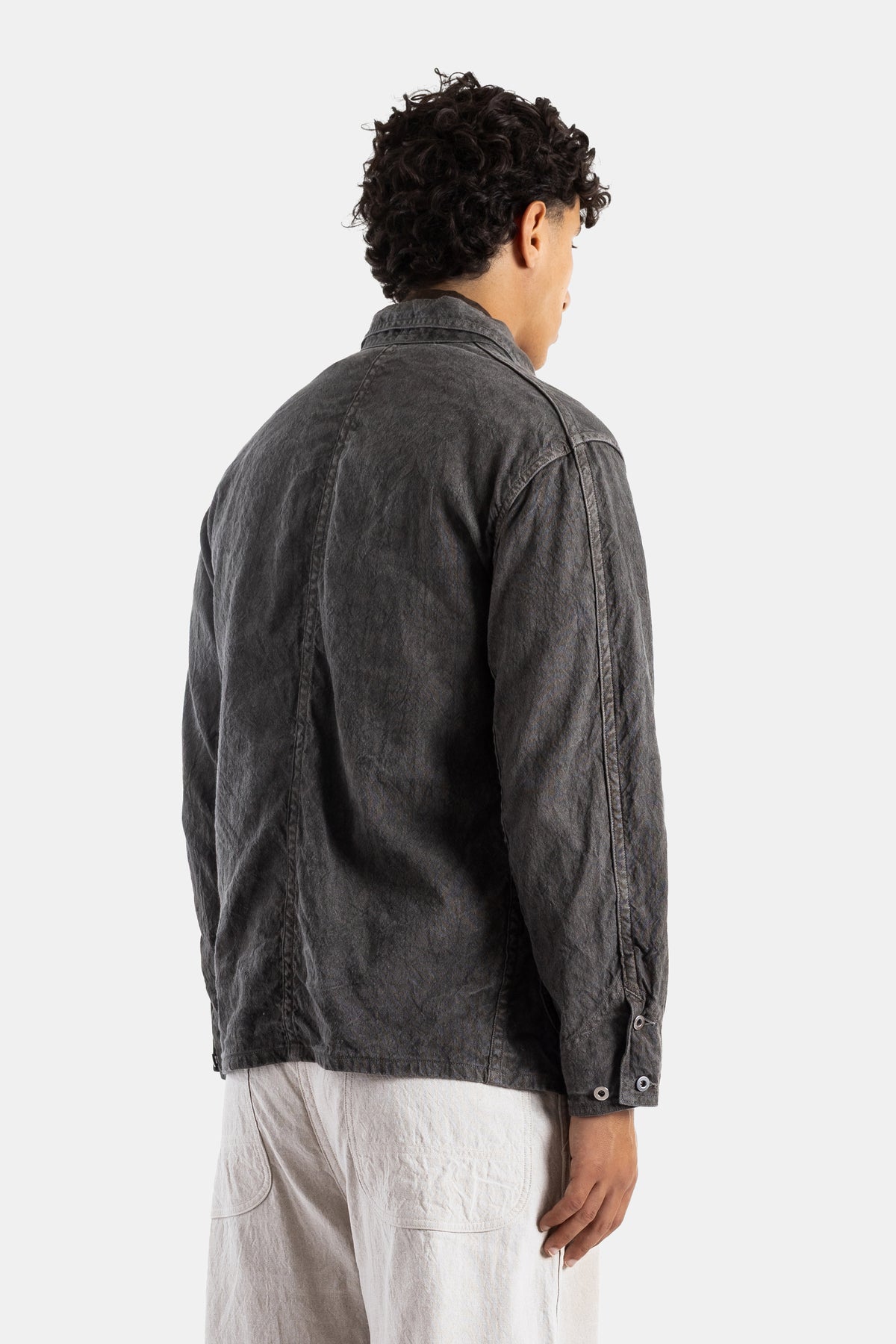 Veste de travail en lin et coton teinte à l'encre noire