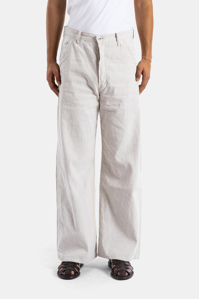 Taiga Takahashi pantalon peintre large denim ivoire froissé silhouette oversize jambe droite homme SS26