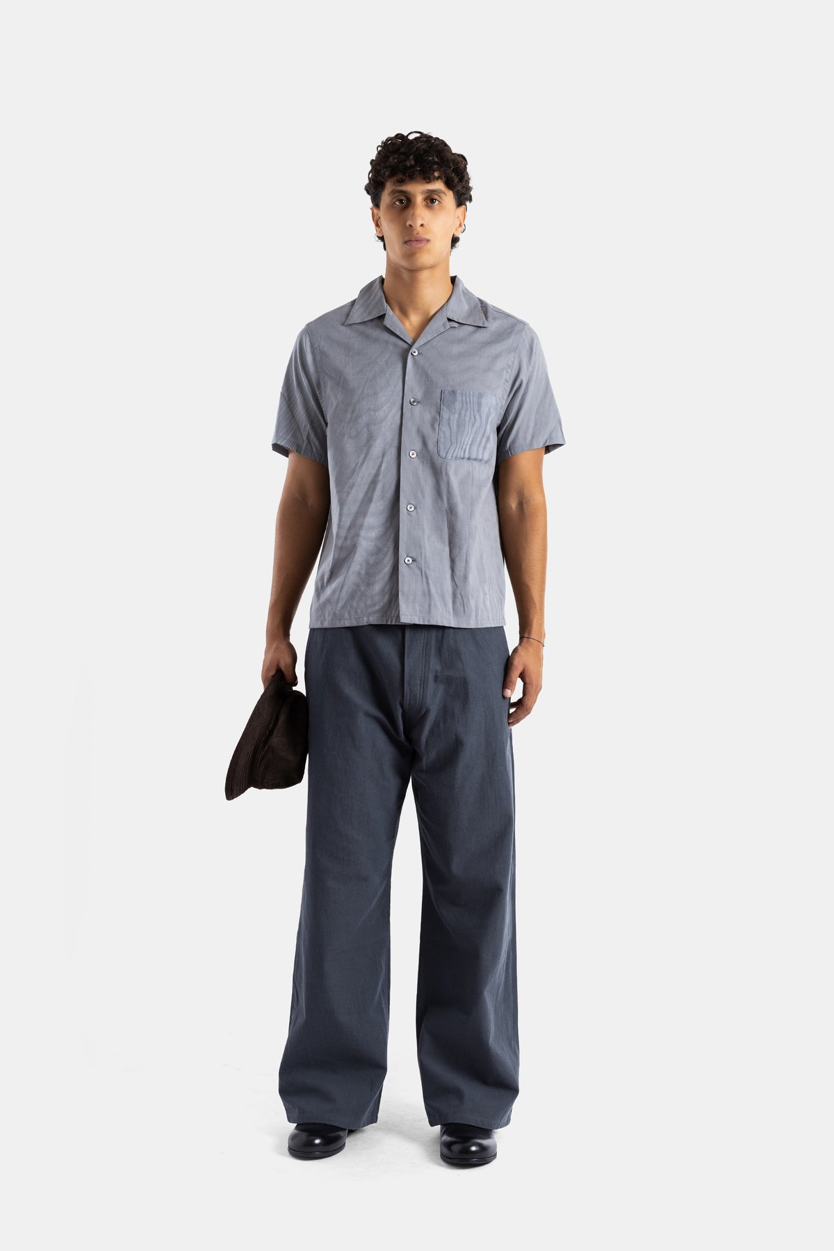 Chemise manches courtes en soie jacquard bleu ardoise