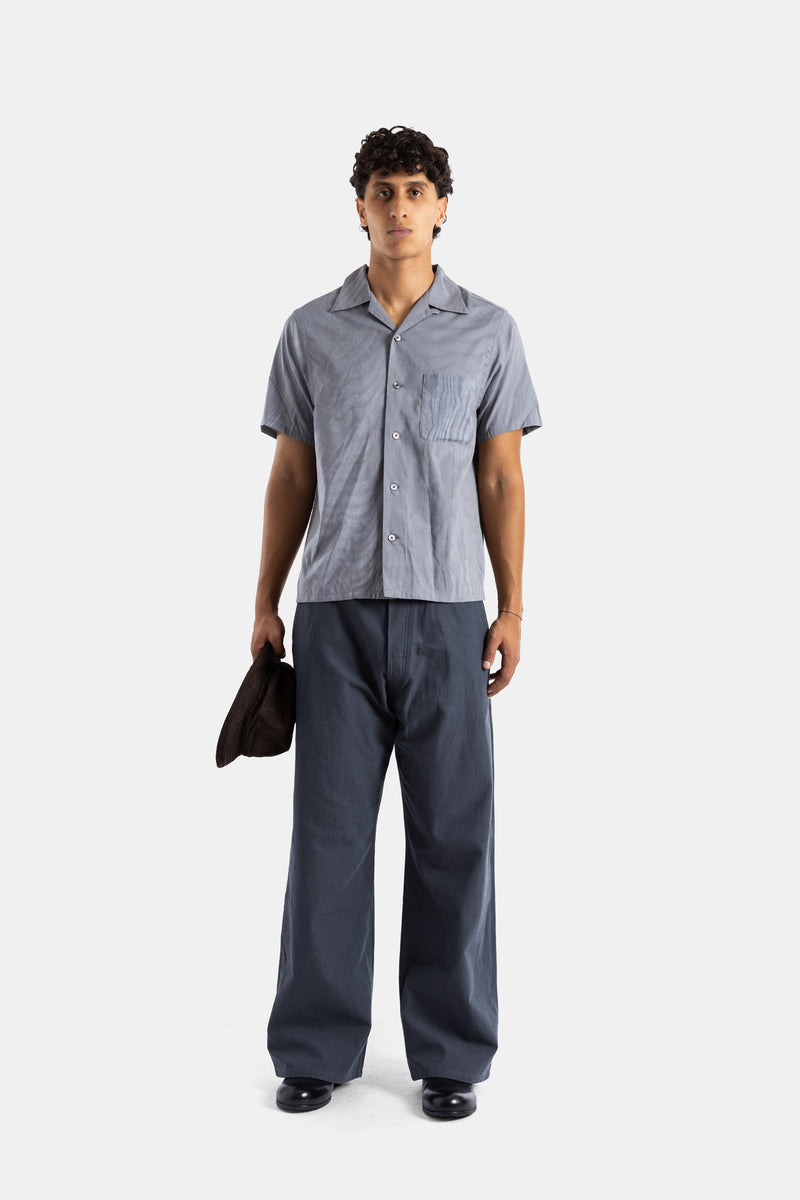 Short-Sleeved Jacquard Silk Shirt in Slate Blue