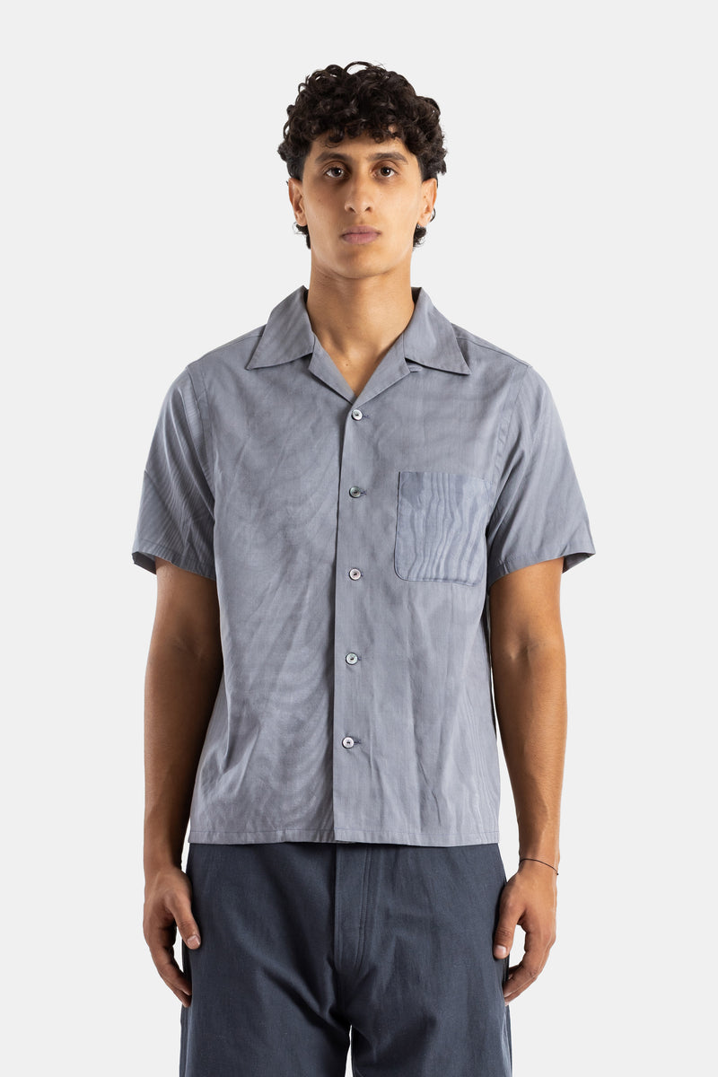 Taiga Takahashi short-sleeved slate blue jacquard silk shirt Cuban collar straight fit SS26
