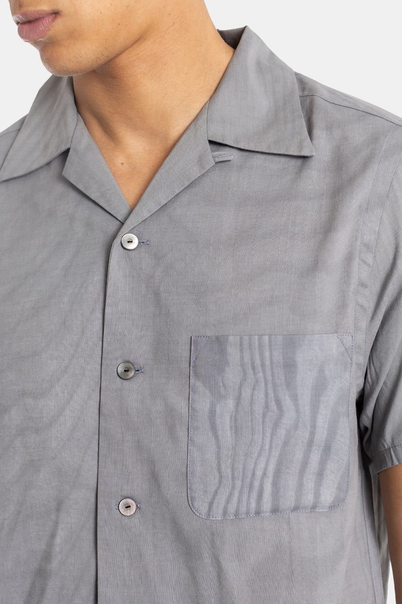 Chemise manches courtes en soie jacquard bleu ardoise