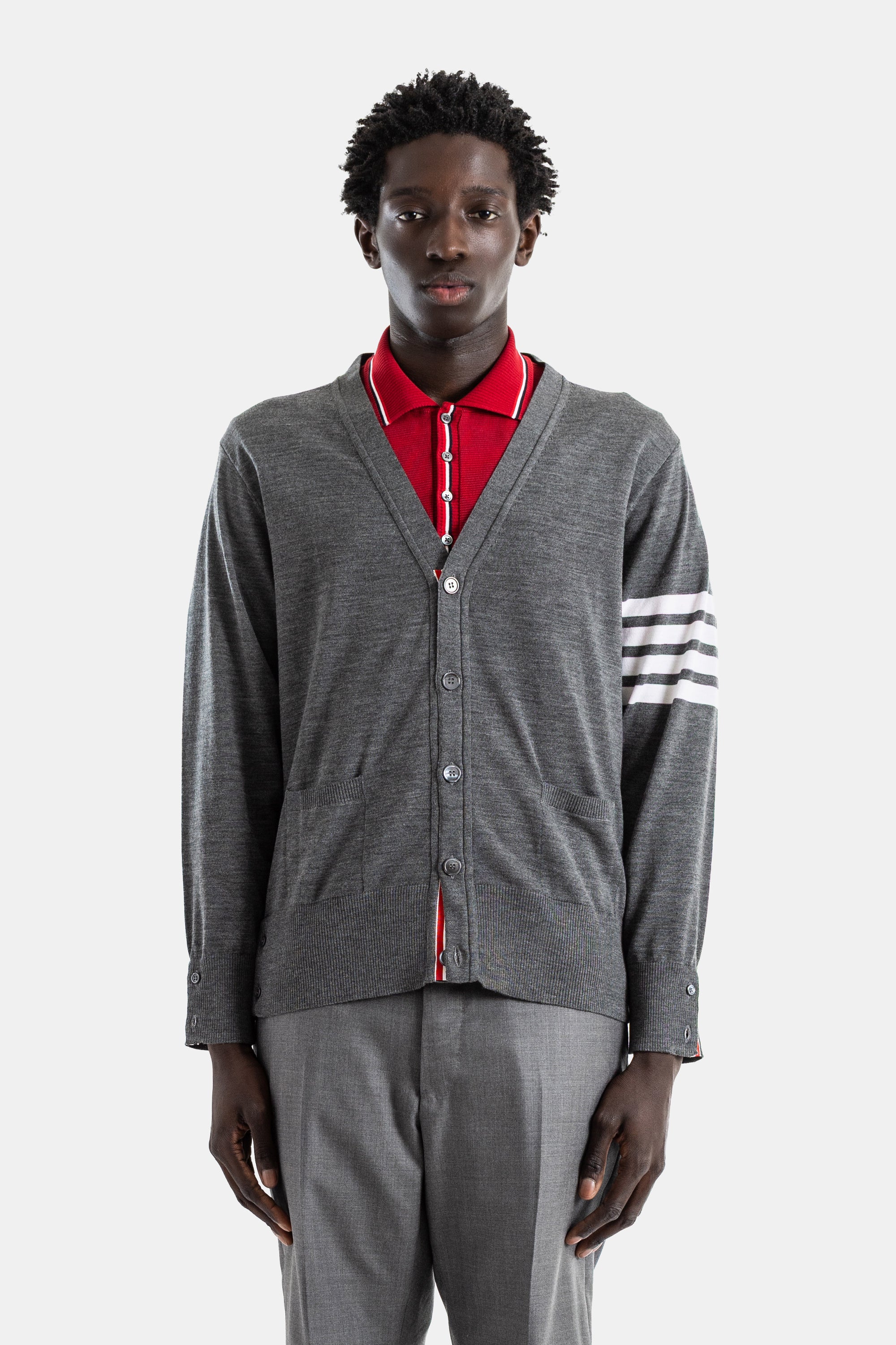Thom Browne Heather Grey Merino Wool V-neck 4-stripe Sleeve