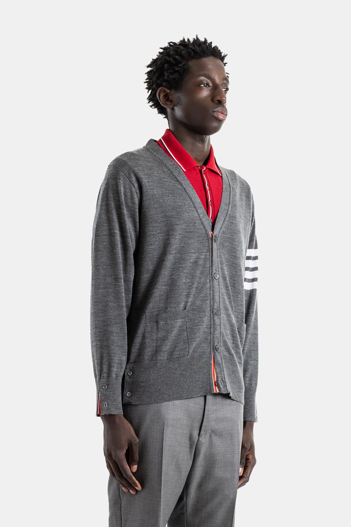 Merino wool cardigan grey marl V-neck 4-bar sleeve stripe