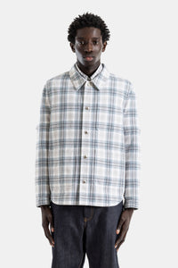 Casaco-camisa algodão windowpane plaid azul céu cinzento braçadeira manga - 4