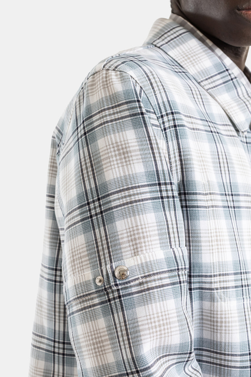 Veste-chemise coton windowpane plaid bleu ciel gris armband manche