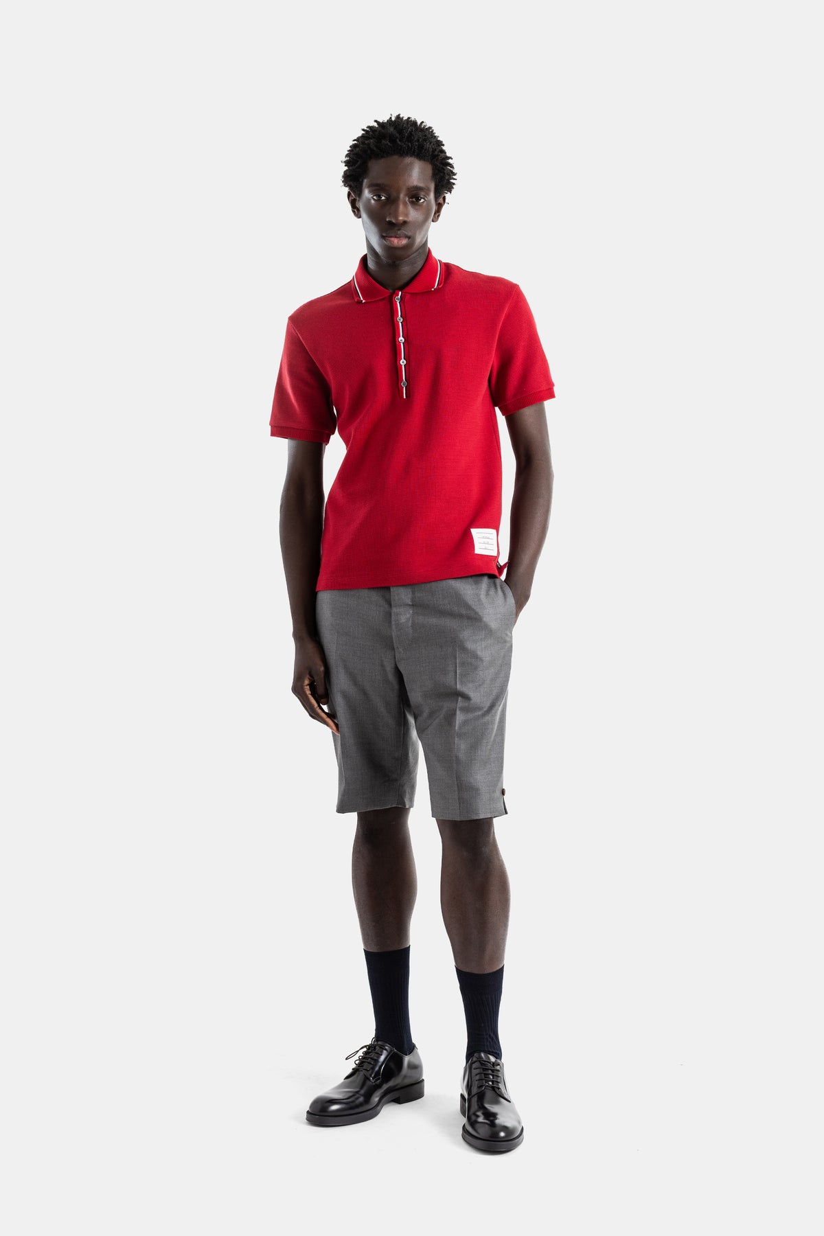 Red Tricolour-Trim Waffle Cotton Polo with Ribbed Collar, Placket and Cuffs