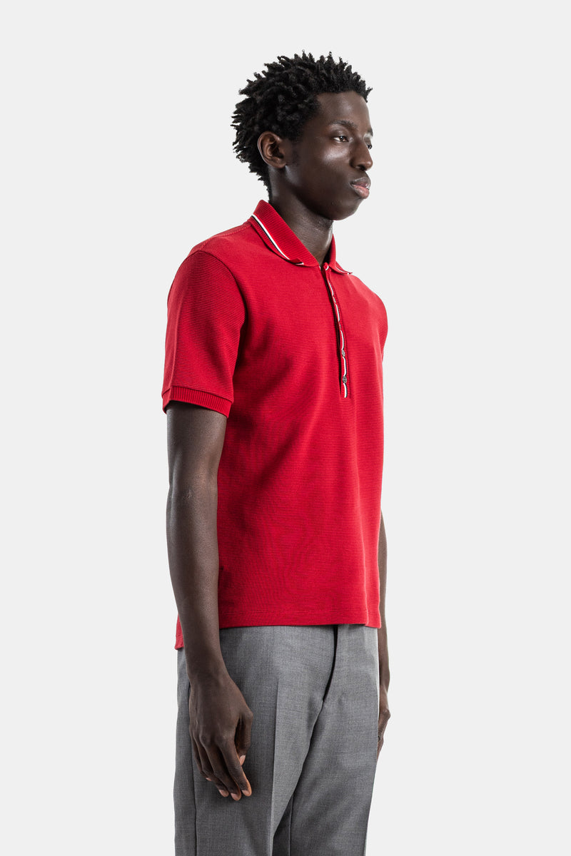 Red Tricolour-Trim Waffle Cotton Polo with Ribbed Collar, Placket and Cuffs